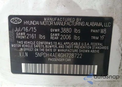 2016 Hyundai Elantra Se from USA, damaged, VIN 5NPDH4AE4GH728722